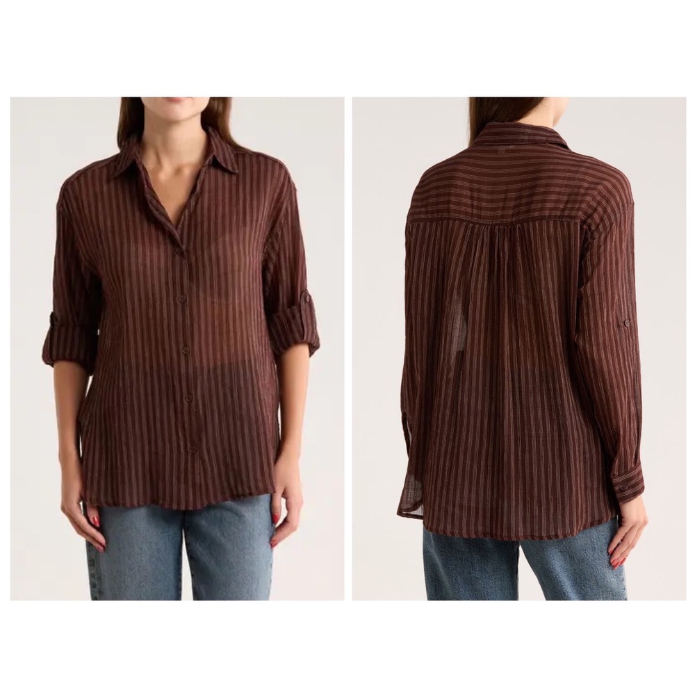 Max Studio London Button Down Women Small Brown Pinstripe Roll Tab Sleeve Shirt